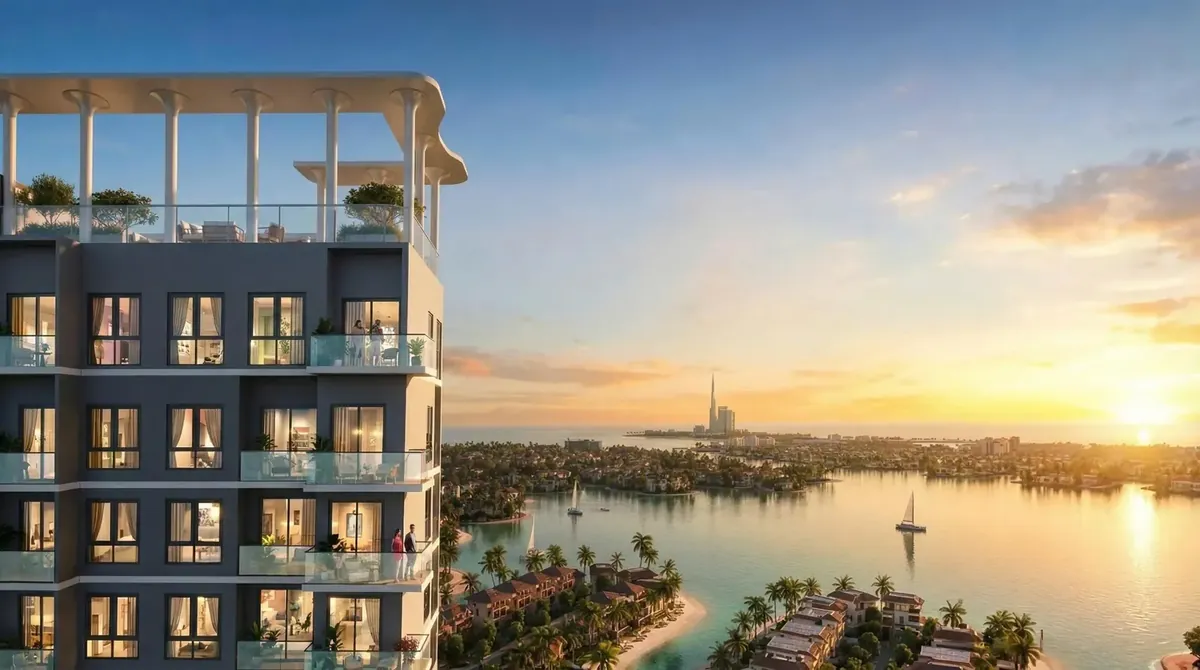 Phối cảnh mặt đứng toà căn hộ với hệ ban công kính hướng ra vịnh biển tại Imperia Green Paradise Cần Giờ