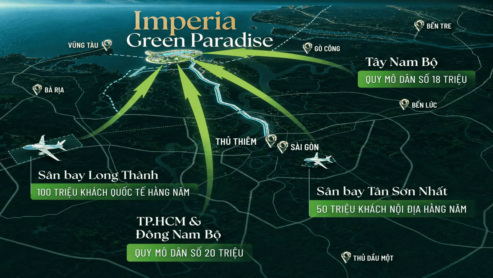 Bản đồ kết nối vùng từ Imperia Green Paradise Cần Giờ tới TP.HCM, Thủ Thiêm, sân bay Long Thành và sân bay Tân Sơn Nhất