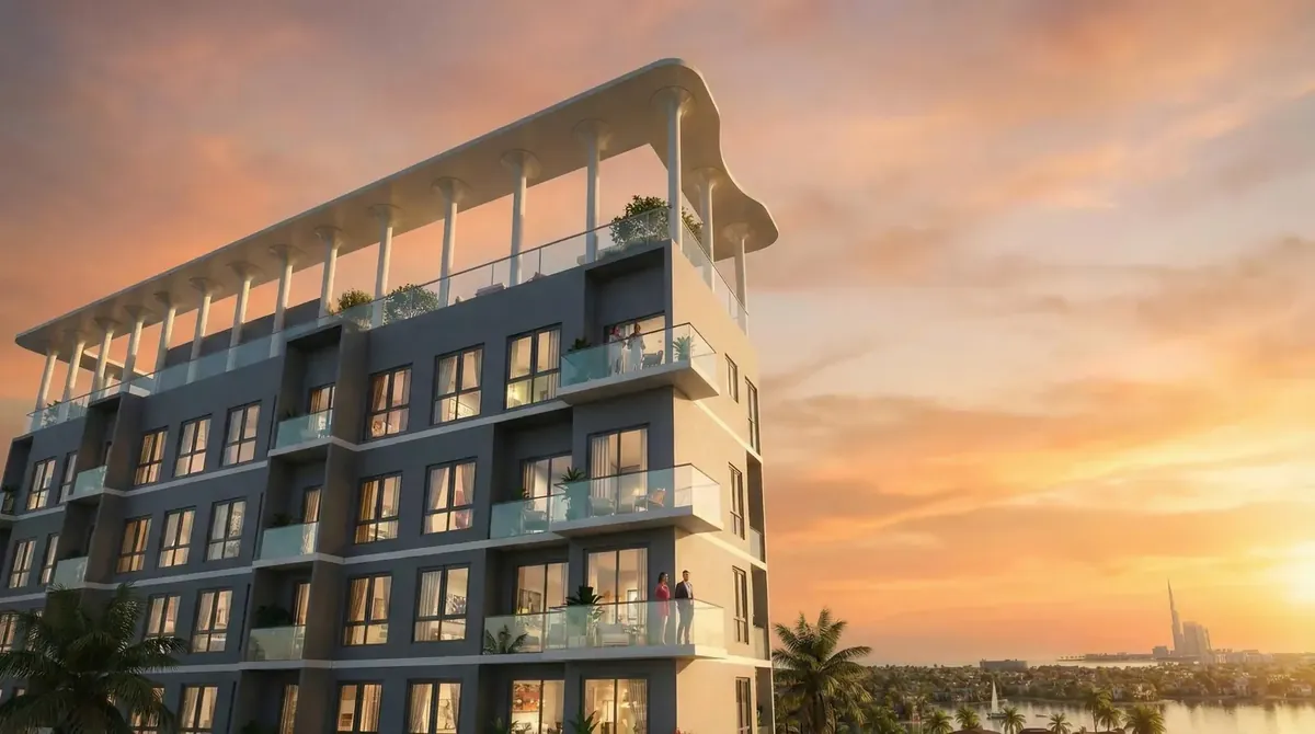 Phối cảnh căn hộ duplex Imperia Green Paradise với logia thông hai tầng nhìn ra vịnh lúc hoàng hôn