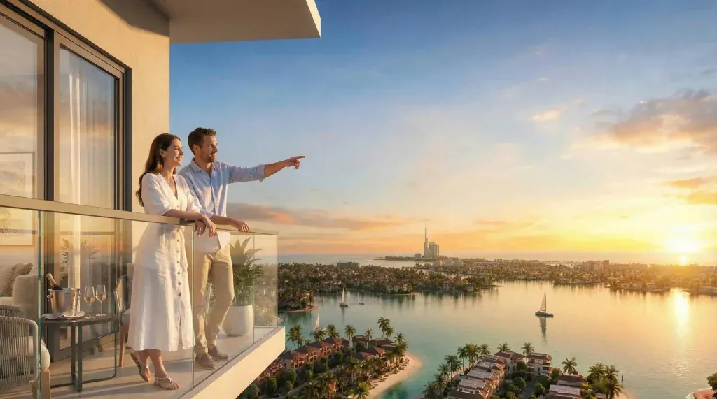 Phối cảnh cư dân đứng trên logia căn hộ penthouse Imperia Green Paradise ngắm hoàng hôn trên vịnh