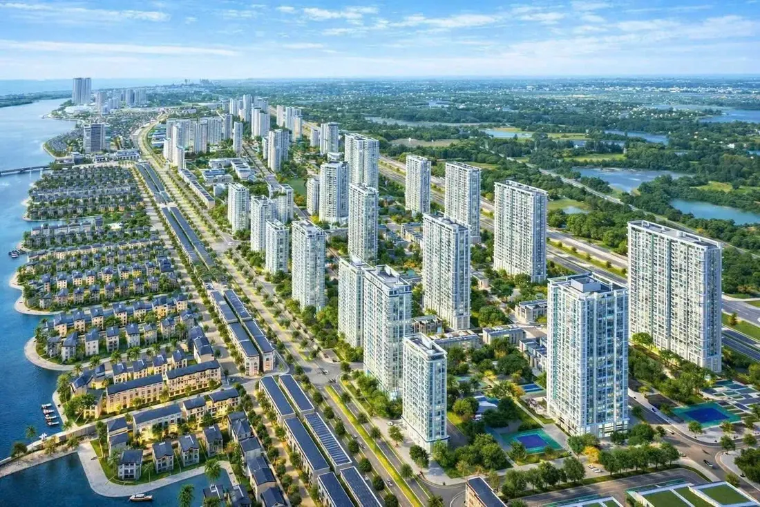 Phối cảnh đại lộ nội khu rợp cây xanh chạy giữa các toà tháp căn hộ tại Imperia Green Paradise Cần Giờ