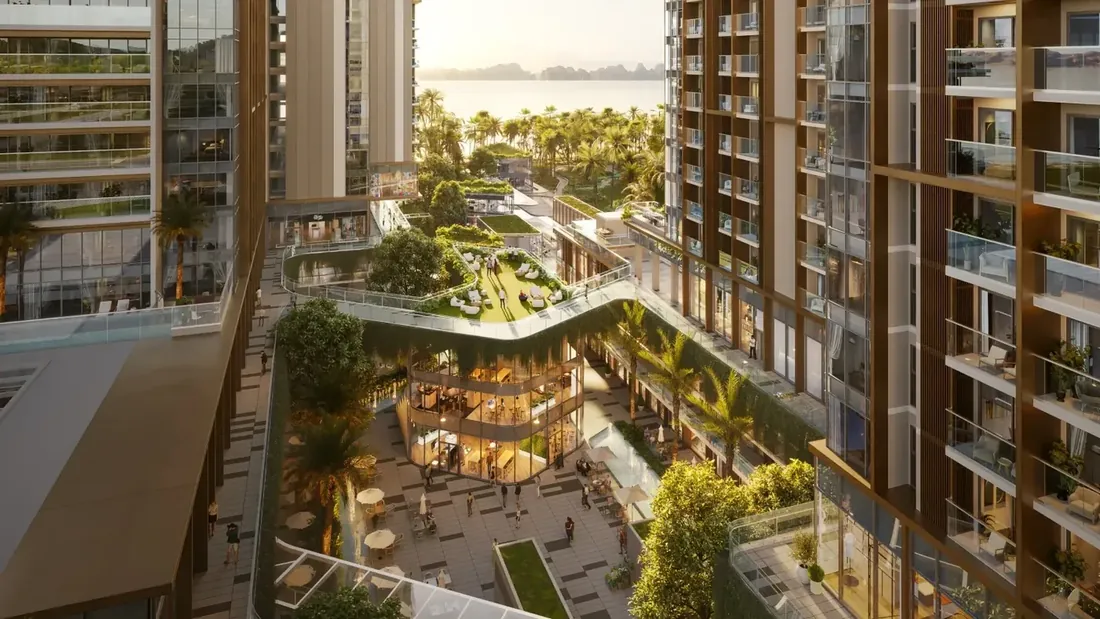 Khối đế tiện ích với vườn trên cao và khu ngồi ngoài trời giữa các tháp căn hộ Imperia Green Paradise