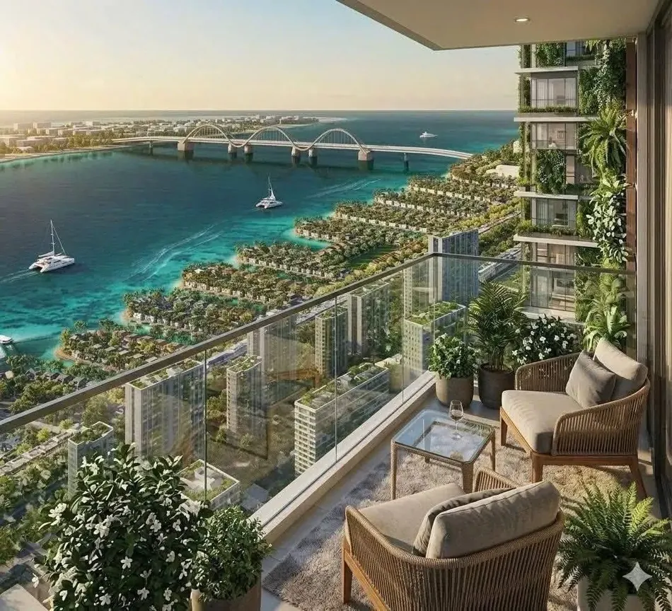 Phối cảnh logia căn hộ Imperia Green Paradise với ghế ngồi ngoài trời nhìn ra hồ nước và cầu vượt biển
