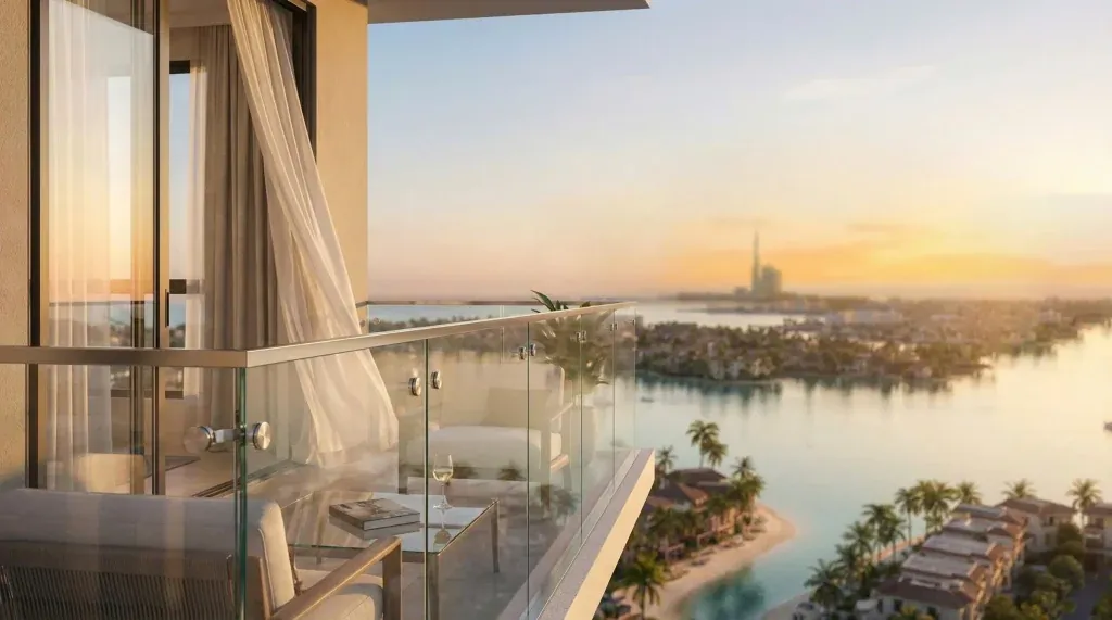 Phối cảnh nội thất phòng khách căn penthouse Imperia Green Paradise với cửa kính lớn nhìn ra vịnh nước