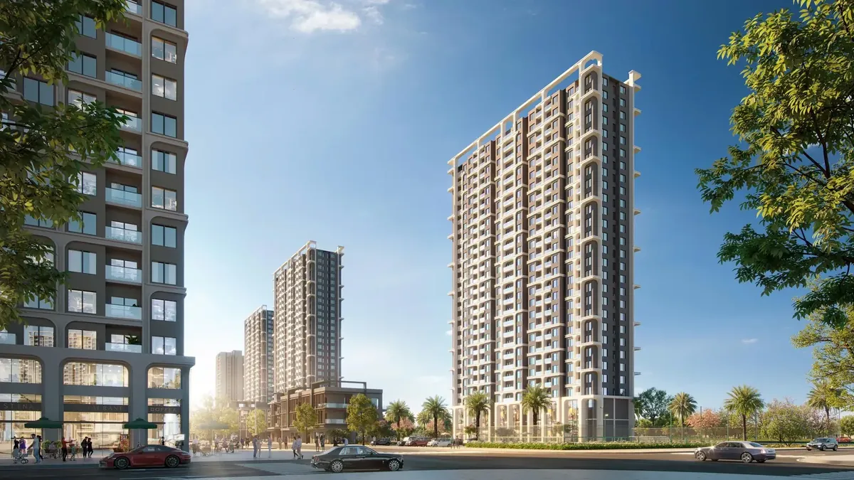 Phối cảnh khu The Centro thuộc Imperia Green Paradise với dãy nhà thấp tầng và khối căn hộ ven đường nội khu