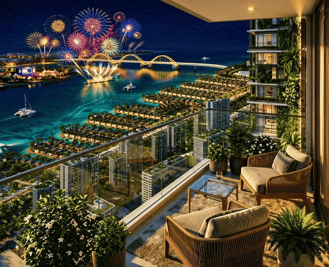Phối cảnh ban đêm nhìn từ logia căn hộ Imperia Green Paradise ra màn pháo hoa trên vịnh