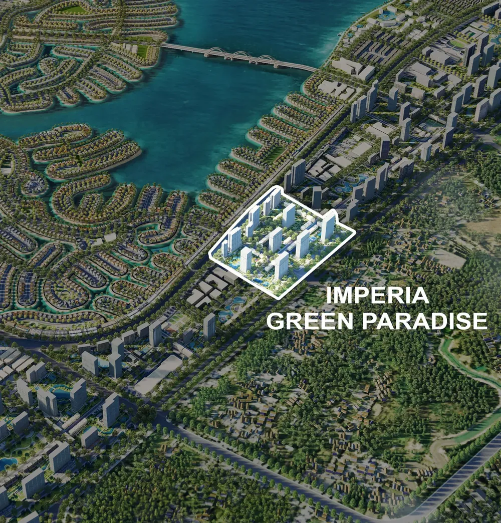Ảnh phối cảnh từ trên cao đánh dấu ranh giới khu đất Imperia Green Paradise trong đại đô thị Vinhomes Green Paradise Cần Giờ