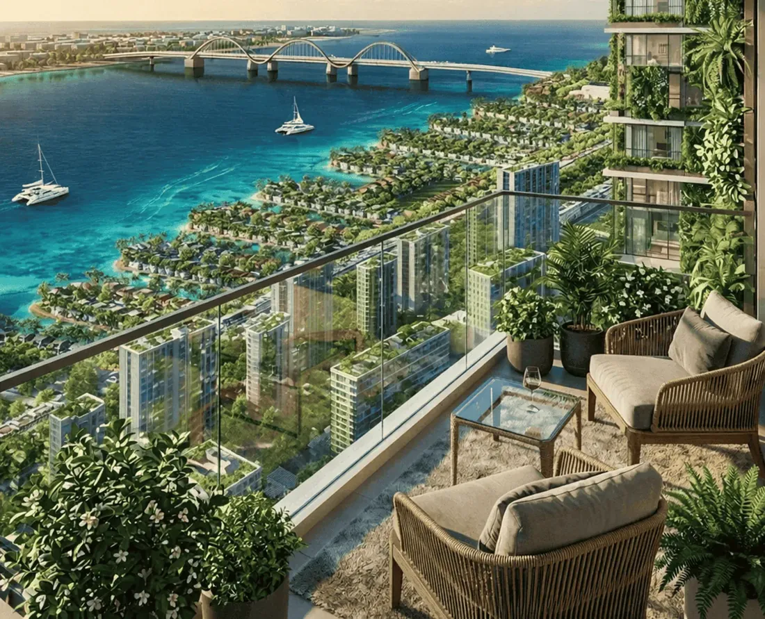 Tầm nhìn panorama từ tháp căn hộ ven vịnh Cần Giờ ra Biển Đông và trục cầu vượt mặt nước