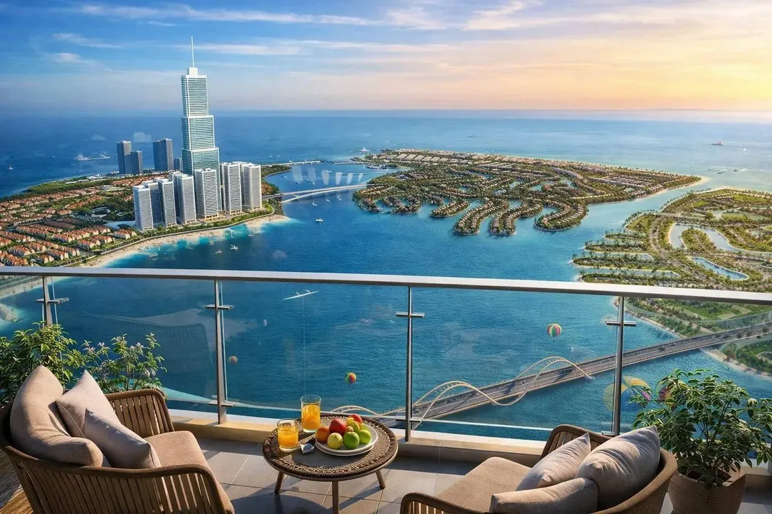 Tầm nhìn từ ban công căn hộ Imperia Green Paradise hướng về tháp biểu tượng và vịnh nước xanh của đại đô thị Cần Giờ