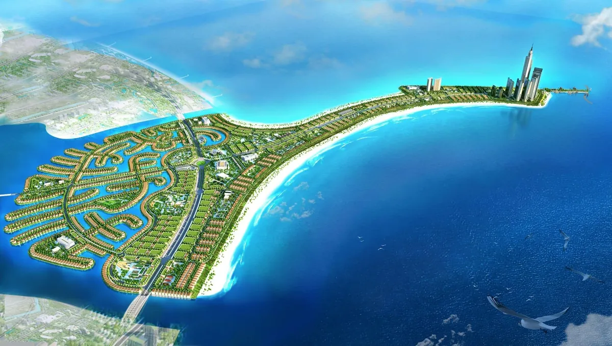 Phối cảnh cụm tháp cao tầng và tháp biểu tượng tại mũi bán đảo lấn biển Vinhomes Green Paradise Cần Giờ