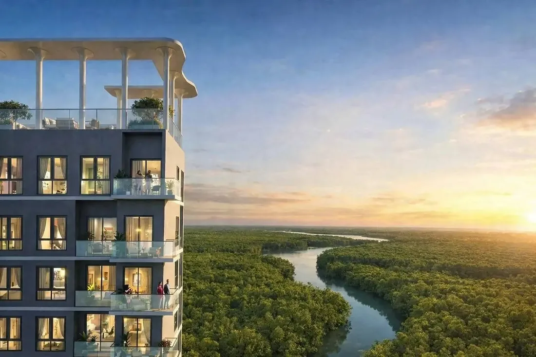 Phối cảnh tháp căn hộ Imperia Green Paradise nhìn ra dòng sông và thảm rừng ngập mặn Cần Giờ lúc chiều muộn
