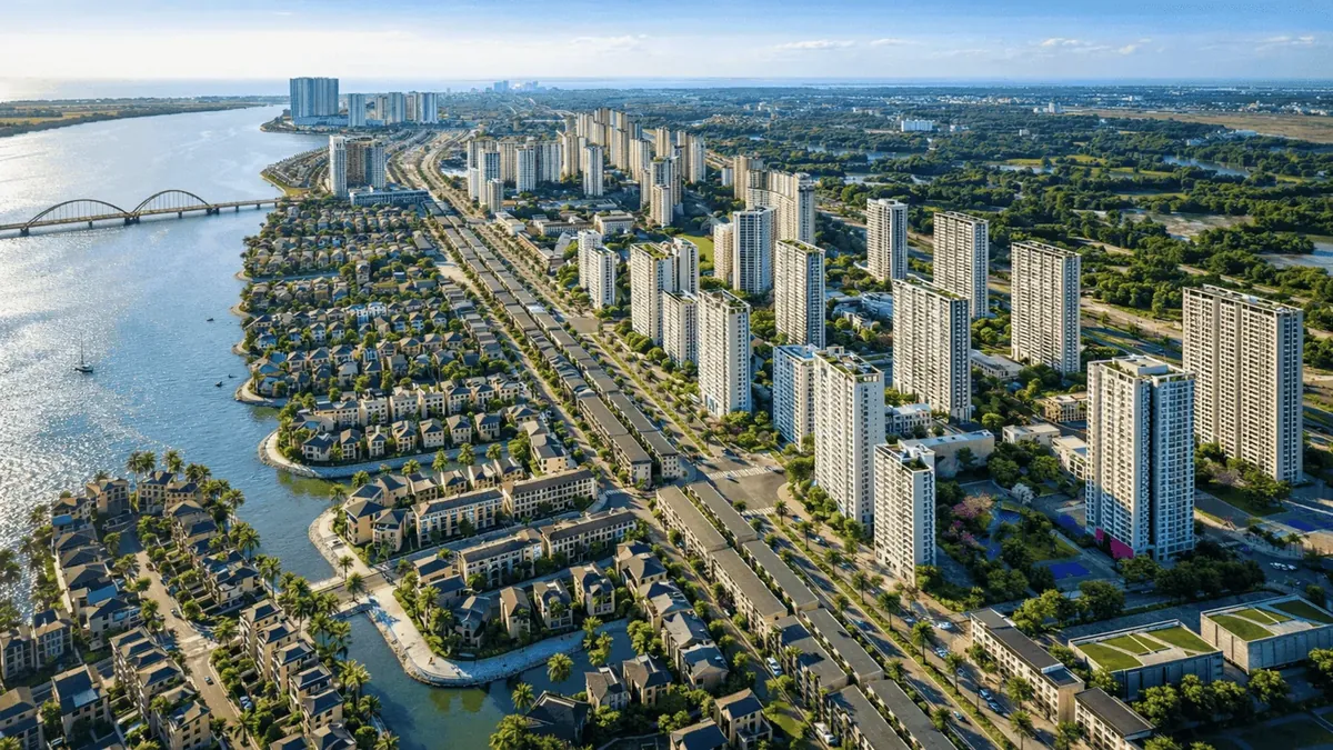 Phối cảnh toàn cảnh đại đô thị Vinhomes Green Paradise Cần Giờ với cầu vượt biển và các dải cao tầng ven mặt nước